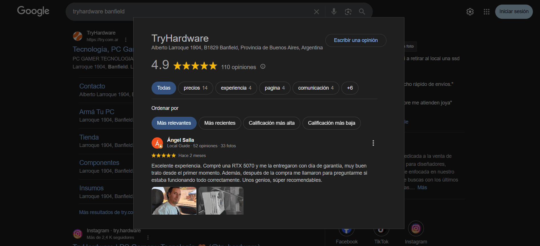 TryHardware: 4.9★ · 110 reseñas en Google
